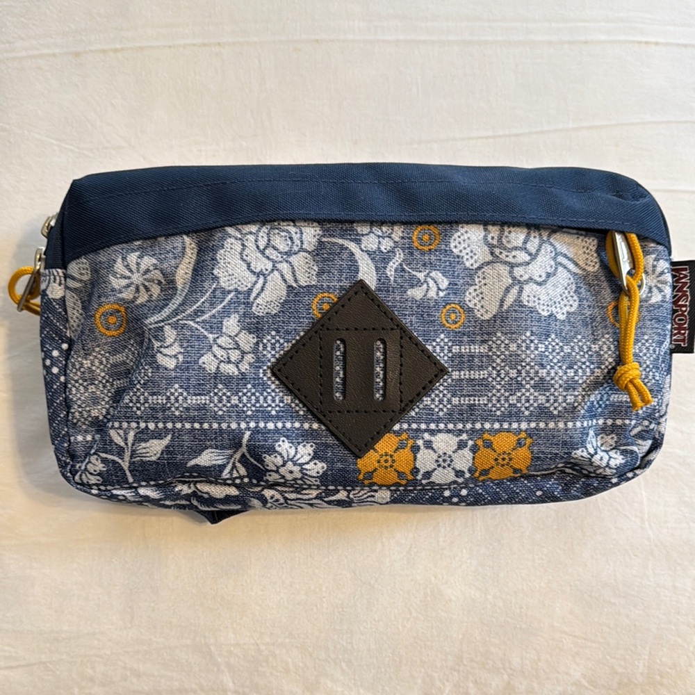 Jansport Waist Bag - Blue, White Floral Yellow zipper pull JS00T81B